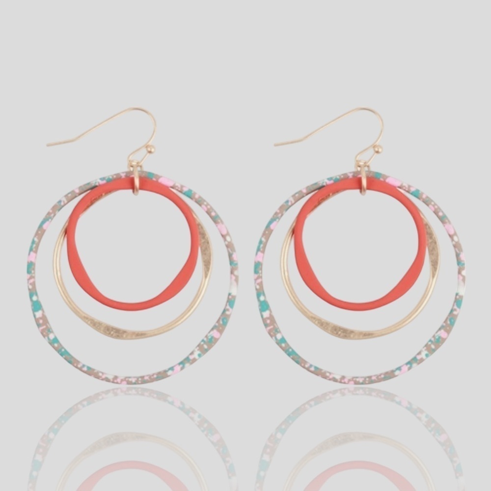NEW Matte Gold & Red Rubber Coated Open Tri-Circle Drop Earrings
